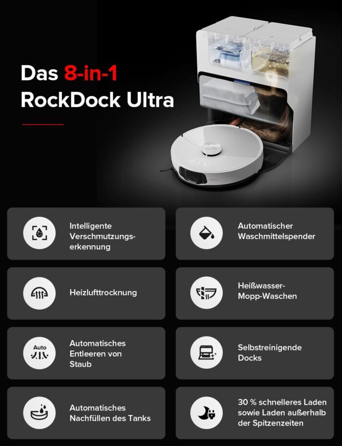roborock S8 MaxV Ultra Saugroboter mit Wischfunktion&Hebarem Wischmopp, Umfangreiche Reinigung Durch die ausfahrbaren Seitenbürste, 10.000 Pa, 60 °C Heißwasser-Moppwäsche, All-in-One-Dock