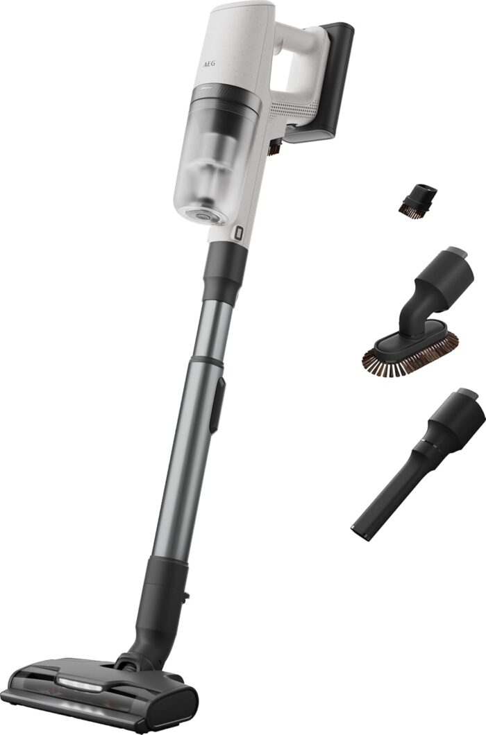 AEG Serie 8000 Akku Staubsauger, Kabellos, Alle Böden, AutoModus, bis zu 99% Staubaufnahme, bis zu 50 min Laufzeit, Einfache Handhabung, Entnehmbarer 25 V Akku, Zubehör, Weiß, AP82UB25SH