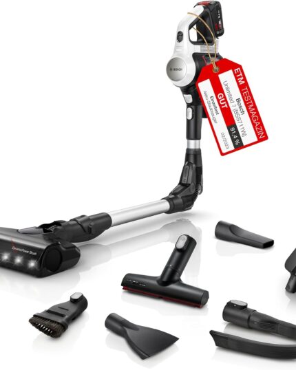 Bosch Akku-Staubsauger Unlimited 7 BSS711W, kabelloser Handstaubsauger, beutellos, Wechselakku, Knickrohr, Hygiene-Filter, 10 Jahre Motorgarantie, XXL-Polsterdüse, LED-Beleuchtung, Turbostufe, weiß