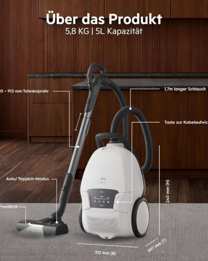 AEG Ultimate 8000 Staubsauger mit Beutel, Testsieger der Stiftung Warentest, hohe Saugleistung, Auto-Modus, Alle Böden, 48% Recyclingkunststoff, 3in1 Düse, HEPA-Filtration, 12m, LED-Licht, AB81U1SW