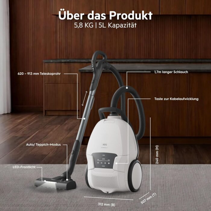 AEG Ultimate 8000 Staubsauger mit Beutel, Testsieger der Stiftung Warentest, hohe Saugleistung, Auto-Modus, Alle Böden, 48% Recyclingkunststoff, 3in1 Düse, HEPA-Filtration, 12m, LED-Licht, AB81U1SW