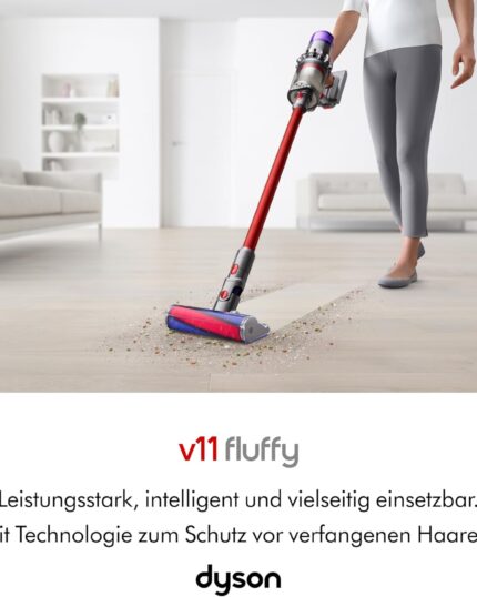 Dyson V11™ Fluffy kabelloser Staubsauger (Nickel/Rot) V11™ Fluffy kabelloser Staubsauger, 185 Airwatt, 60 Minuten Laufzeit, Haarentwirrungstechnologie, Hand- und Bodenstaubsauger