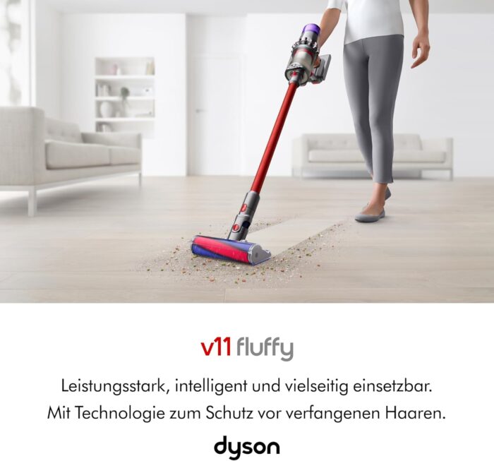 Dyson V11™ Fluffy kabelloser Staubsauger (Nickel/Rot) V11™ Fluffy kabelloser Staubsauger, 185 Airwatt, 60 Minuten Laufzeit, Haarentwirrungstechnologie, Hand- und Bodenstaubsauger
