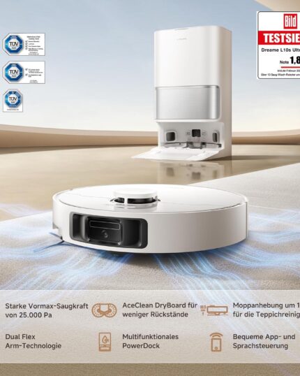 DREAME L10s Ultra Gen 3 Kit staubsauger mit wischfunktion mit einer Saugkraft von 25.000 Pa, Seitenbürste und Mopp ausfahrbar, selbstreinigende All-in-One-Dockingstation, Steuerung per App und Sprache
