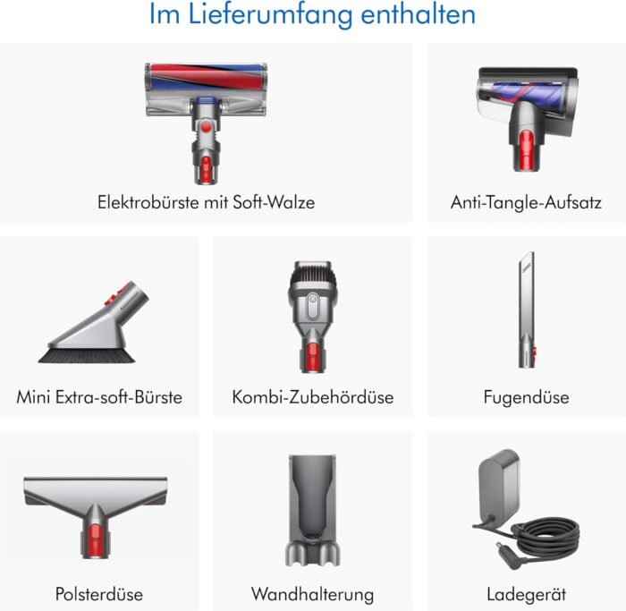 Dyson V11™ Fluffy kabelloser Staubsauger (Nickel/Rot) V11™ Fluffy kabelloser Staubsauger, 185 Airwatt, 60 Minuten Laufzeit, Haarentwirrungstechnologie, Hand- und Bodenstaubsauger