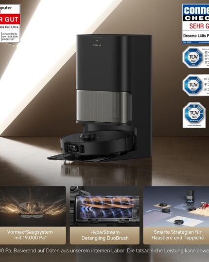 dreame L40s Pro Ultra Saugroboter, selbstreinigende Wischmopps, 19.000 Pa Saugkraft, 100% Detangling DuoBrush, ausfahrbare Wischmopps, Hindernisvermeidung für mehr als 180 Objekte, Sprachsteuerung