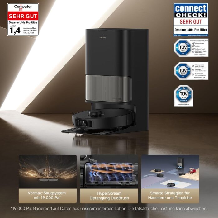 dreame L40s Pro Ultra Saugroboter, selbstreinigende Wischmopps, 19.000 Pa Saugkraft, 100% Detangling DuoBrush, ausfahrbare Wischmopps, Hindernisvermeidung für mehr als 180 Objekte, Sprachsteuerung