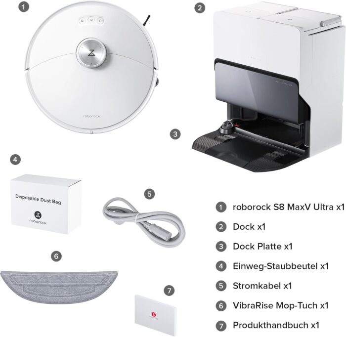 roborock S8 MaxV Ultra Saugroboter mit Wischfunktion&Hebarem Wischmopp, Umfangreiche Reinigung Durch die ausfahrbaren Seitenbürste, 10.000 Pa, 60 °C Heißwasser-Moppwäsche, All-in-One-Dock