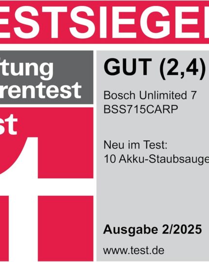 Bosch Akku-Staubsauger Unlimited 7 BSS715CARP, kabellos, Knickrohr, Hygiene-Filter, 10 Jahre Motorgarantie, 5.0 Ah Akku, Schnellladegerät, XXL-Polsterdüse, Turbostufe, Made in Germany, weiß