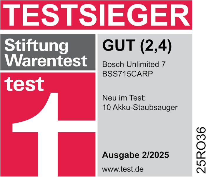 Bosch Akku-Staubsauger Unlimited 7 BSS715CARP, kabellos, Knickrohr, Hygiene-Filter, 10 Jahre Motorgarantie, 5.0 Ah Akku, Schnellladegerät, XXL-Polsterdüse, Turbostufe, Made in Germany, weiß
