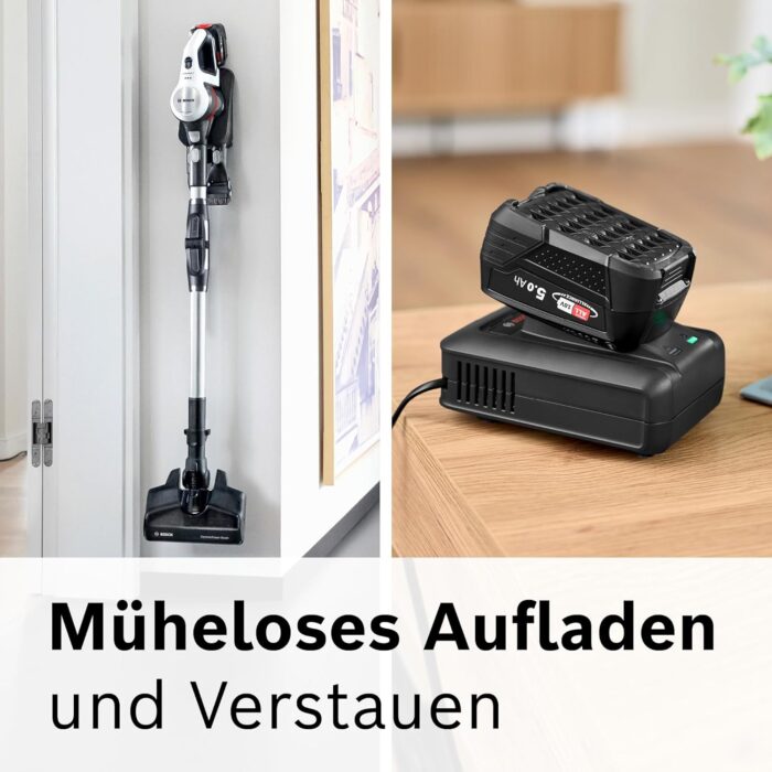 Bosch Akku-Staubsauger Unlimited 7 BSS715CARP, kabellos, Knickrohr, Hygiene-Filter, 10 Jahre Motorgarantie, 5.0 Ah Akku, Schnellladegerät, XXL-Polsterdüse, Turbostufe, Made in Germany, weiß