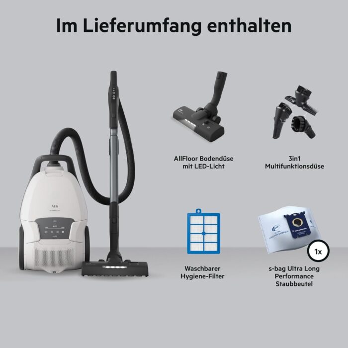 AEG Ultimate 8000 Staubsauger mit Beutel, Testsieger der Stiftung Warentest, hohe Saugleistung, Auto-Modus, Alle Böden, 48% Recyclingkunststoff, 3in1 Düse, HEPA-Filtration, 12m, LED-Licht, AB81U1SW