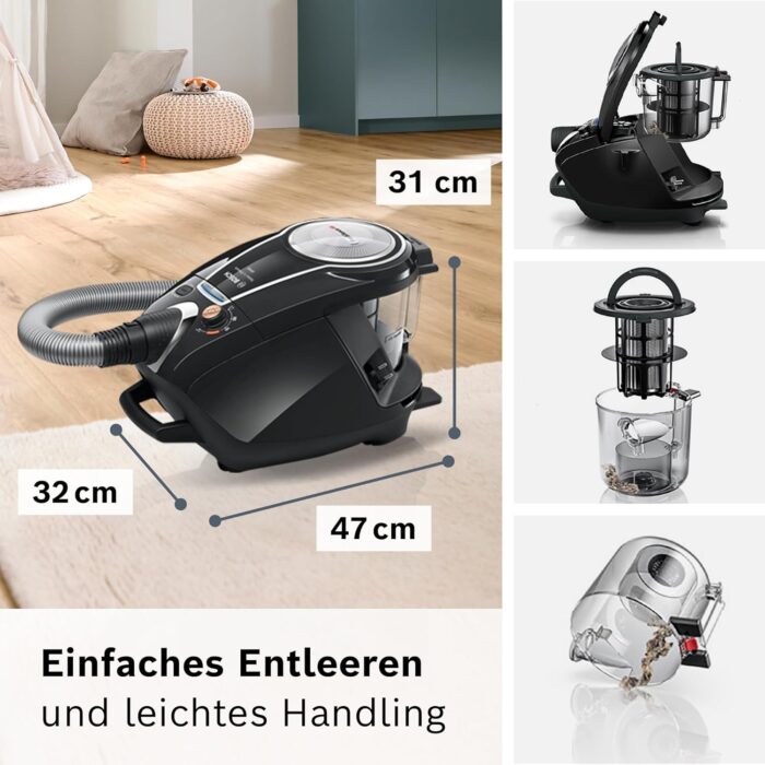 Bosch Staubsauger beutellos ProSilence Serie 8 BGS7MS64, Bodenstaubsauger, leise, Hygiene-Filter, Bodendüse für Parkett, Teppich, Fliesen, Starke Saugleistung, langes Kabel, 800 W, schwarz