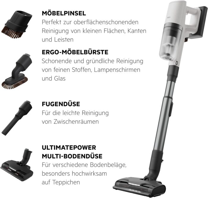 AEG Serie 8000 Akku Staubsauger, Kabellos, Alle Böden, AutoModus, bis zu 99% Staubaufnahme, bis zu 50 min Laufzeit, Einfache Handhabung, Entnehmbarer 25 V Akku, Zubehör, Weiß, AP82UB25SH