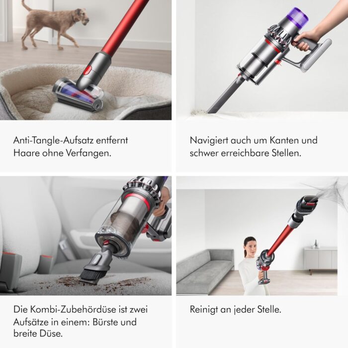 Dyson V11™ Fluffy kabelloser Staubsauger (Nickel/Rot) V11™ Fluffy kabelloser Staubsauger, 185 Airwatt, 60 Minuten Laufzeit, Haarentwirrungstechnologie, Hand- und Bodenstaubsauger