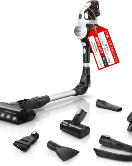 Bosch Akku-Staubsauger Unlimited 7 BKS711MTB, kabelloser Handstaubsauger, beutellos, Wechselakku, Knickrohr, Hygiene-Filter, 10 Jahre Motorgarantie, Mini-Turbo-Düse, LED-Beleuchtung, Turbostufe, weiß