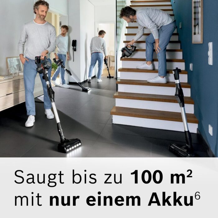 Bosch Akku-Staubsauger Unlimited 7 BCS711A, kabelloser Handstaubsauger, beutellos, Wechselakku, Knickrohr, Hygiene-Filter, 10 Jahre Motorgarantie, Fugendüse, LED-Beleuchtung, Turbostufe, grau