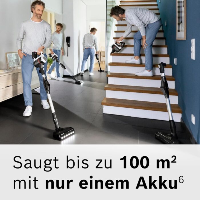 Bosch Akku-Staubsauger Unlimited 7 BSS711W, kabelloser Handstaubsauger, beutellos, Wechselakku, Knickrohr, Hygiene-Filter, 10 Jahre Motorgarantie, XXL-Polsterdüse, LED-Beleuchtung, Turbostufe, weiß