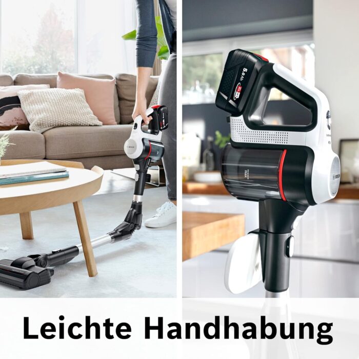 Bosch Akku-Staubsauger Unlimited 7 BSS715CARP, kabellos, Knickrohr, Hygiene-Filter, 10 Jahre Motorgarantie, 5.0 Ah Akku, Schnellladegerät, XXL-Polsterdüse, Turbostufe, Made in Germany, weiß