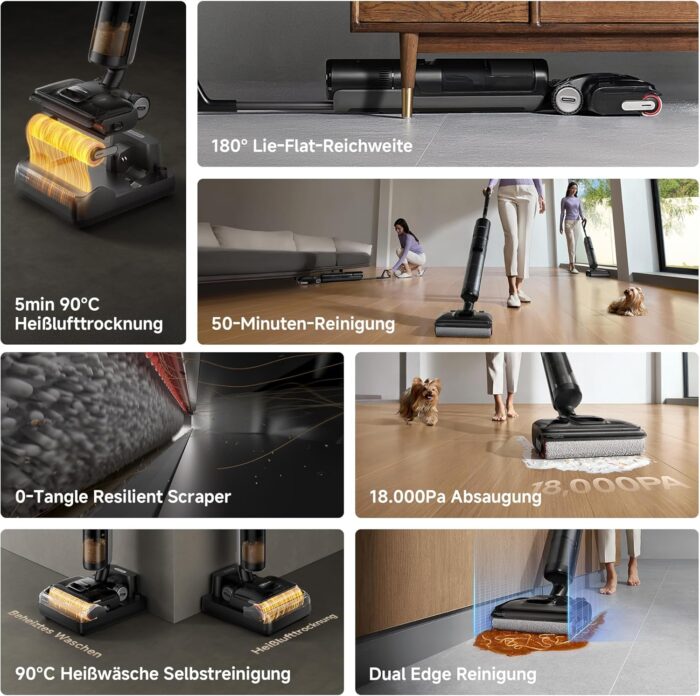 dreame H12 Pro FlexReach Nass- und Trockensauger, Flaches 180°-Design, Trocknung in 5 Minuten, 18.000 Pa Saugkraft, 90 °C Heißwäsche, Doppel-Kantenreinigung, Reinigung in 50 Minuten