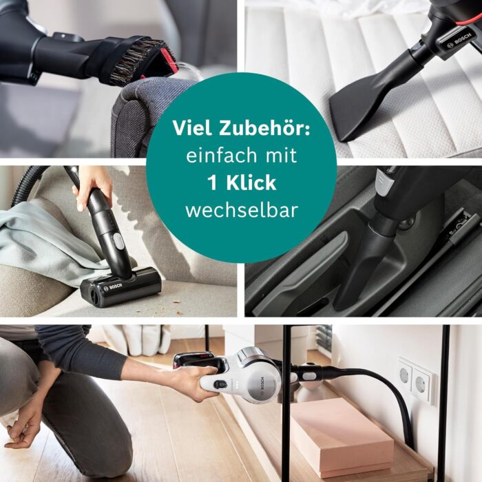 Bosch Akku-Staubsauger Unlimited 7 BKS711MTB, kabelloser Handstaubsauger, beutellos, Wechselakku, Knickrohr, Hygiene-Filter, 10 Jahre Motorgarantie, Mini-Turbo-Düse, LED-Beleuchtung, Turbostufe, weiß