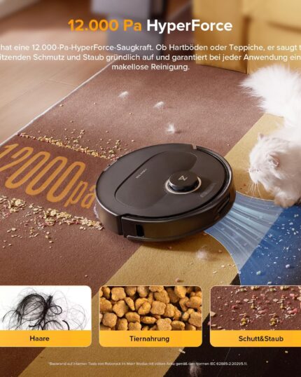 roborock Qrevo S5V Saugroboter mit Wischfunktion&Hebarem Wischmopp, 12.000Pa Saugkraft, Zero-Tangle System, Warmlufttrocknung, Intelligente Hindernisvermeidung, Multifunktions-Dockingstation (Schwarz)