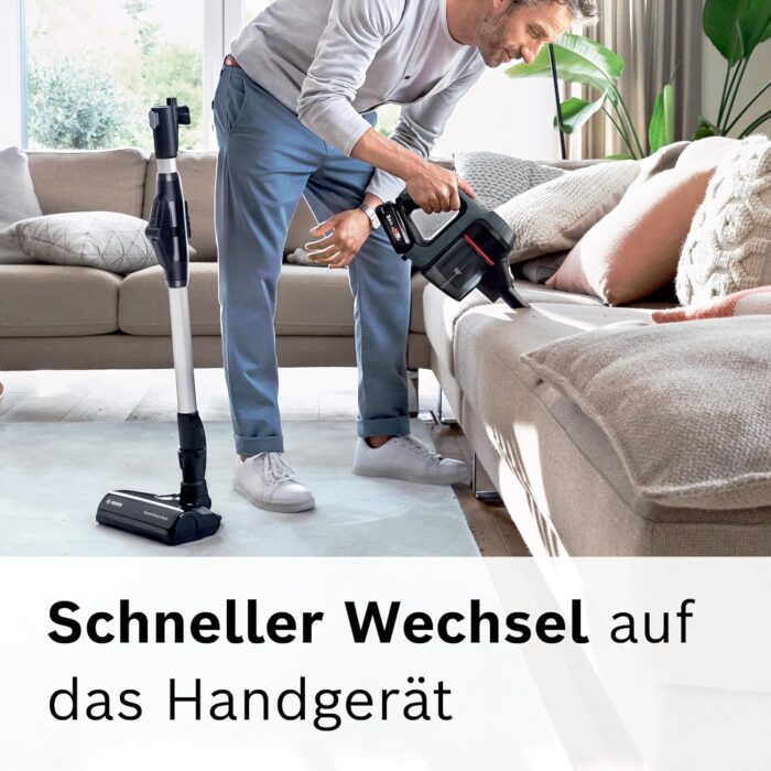 Bosch Akku-Staubsauger Unlimited 7 BCS711A, kabelloser Handstaubsauger, beutellos, Wechselakku, Knickrohr, Hygiene-Filter, 10 Jahre Motorgarantie, Fugendüse, LED-Beleuchtung, Turbostufe, grau